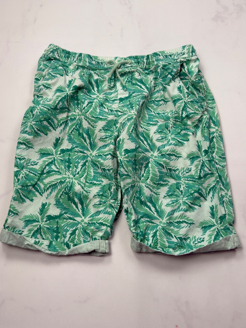 Mango Kids Green Leaf Print Shorts Drawstring Waist - Boys 13/14